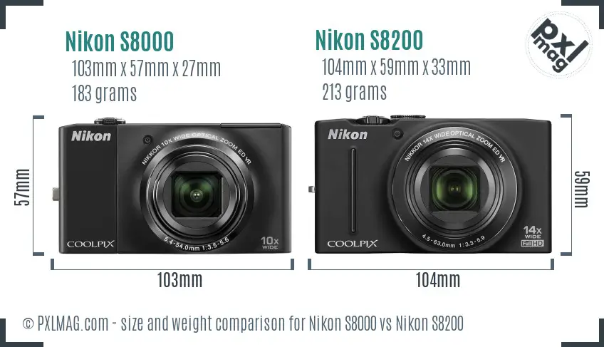 Nikon S8000 vs Nikon S8200 size comparison
