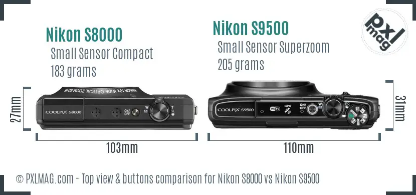 Nikon S8000 vs Nikon S9500 top view buttons comparison
