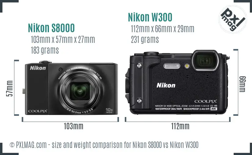 Nikon S8000 vs Nikon W300 size comparison