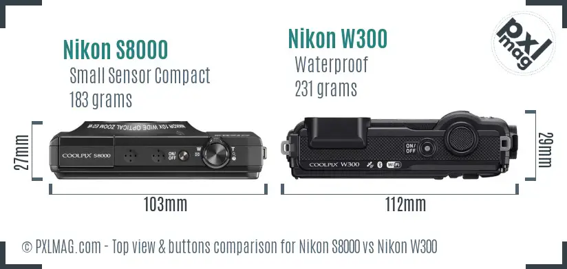 Nikon S8000 vs Nikon W300 top view buttons comparison