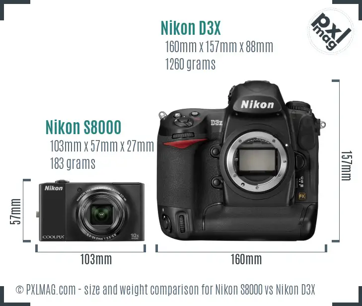 Nikon S8000 vs Nikon D3X size comparison