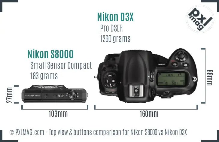 Nikon S8000 vs Nikon D3X top view buttons comparison