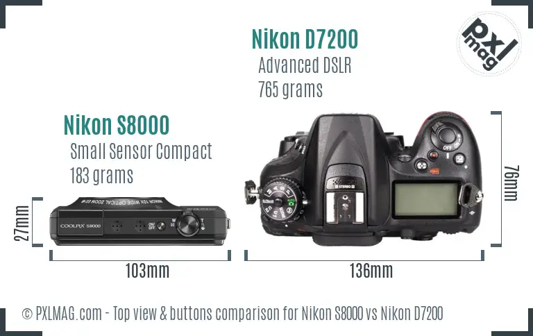 Nikon S8000 vs Nikon D7200 top view buttons comparison