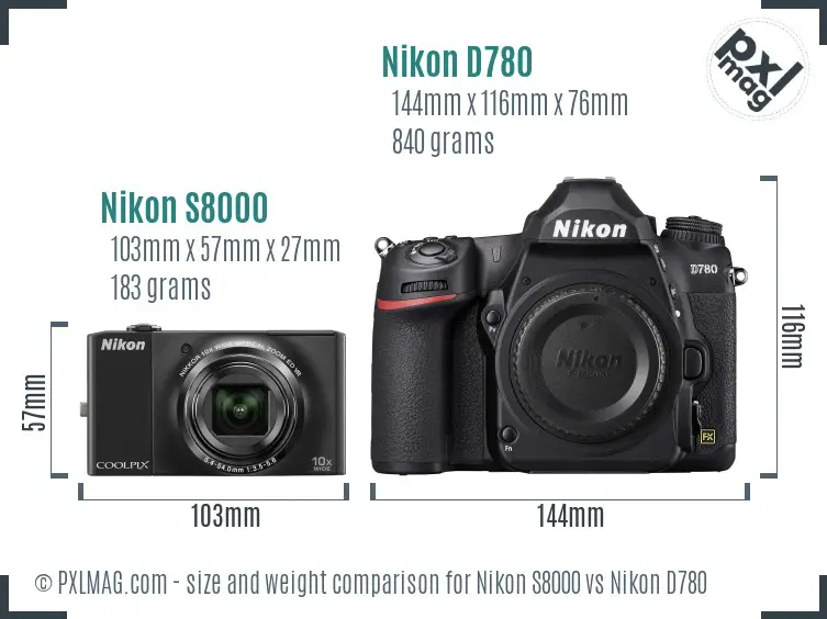 Nikon S8000 vs Nikon D780 size comparison