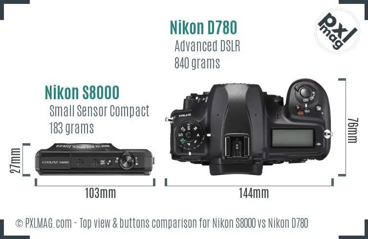 Nikon S8000 vs Nikon D780 top view buttons comparison