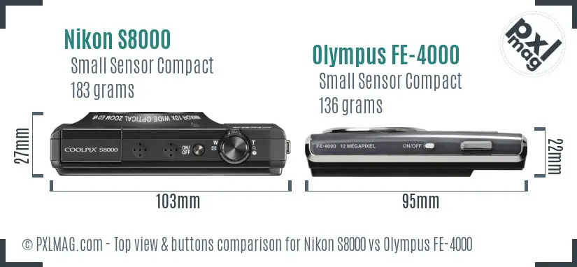 Nikon S8000 vs Olympus FE-4000 top view buttons comparison