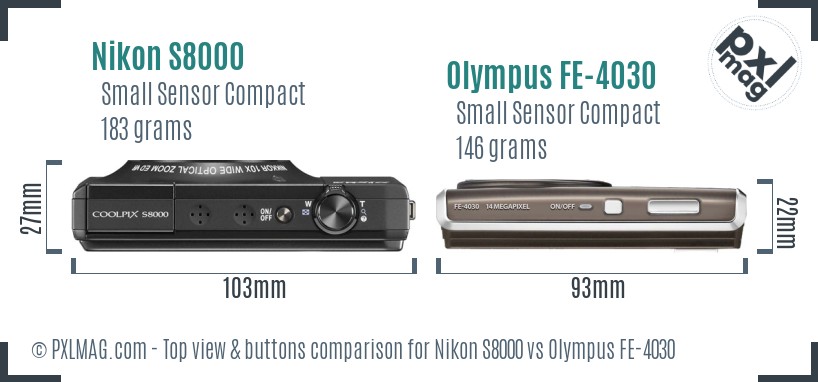 Nikon S8000 vs Olympus FE-4030 top view buttons comparison
