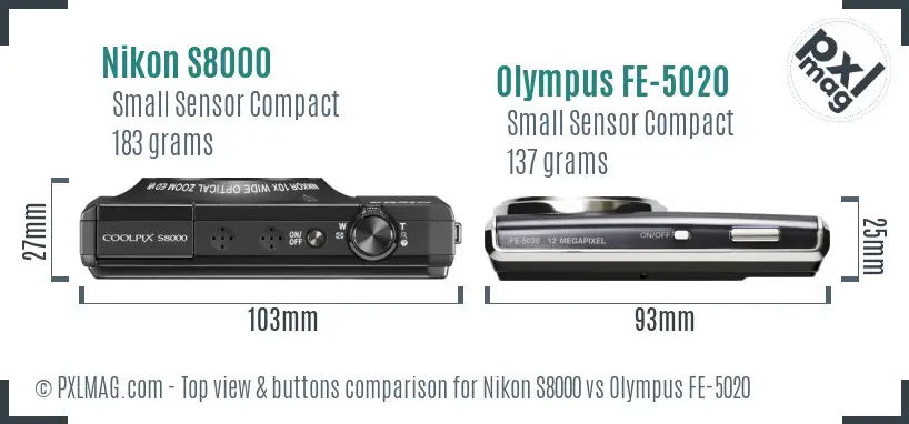 Nikon S8000 vs Olympus FE-5020 top view buttons comparison