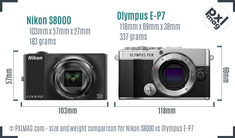 Nikon S8000 vs Olympus E-P7 size comparison