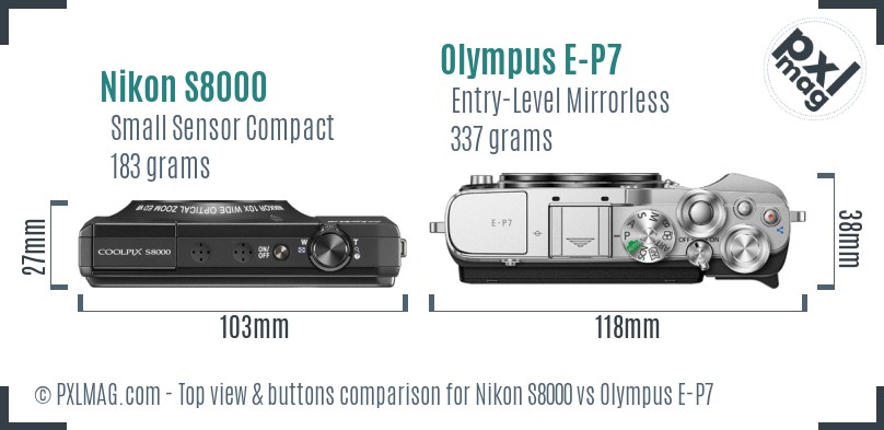 Nikon S8000 vs Olympus E-P7 top view buttons comparison