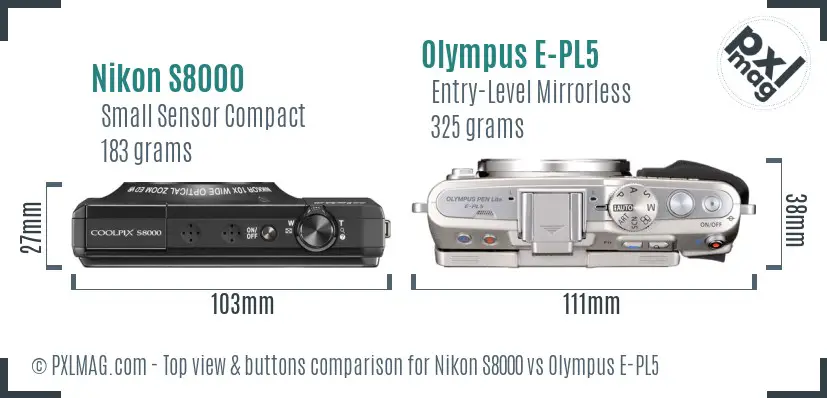 Nikon S8000 vs Olympus E-PL5 top view buttons comparison