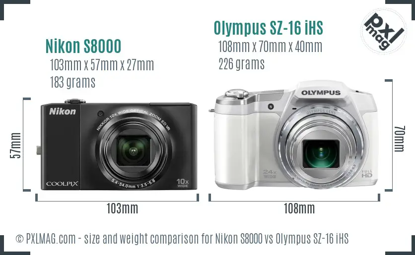 Nikon S8000 vs Olympus SZ-16 iHS size comparison