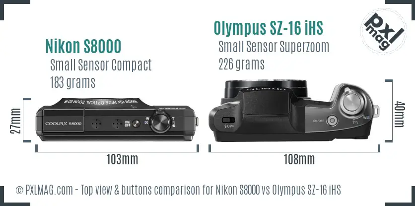 Nikon S8000 vs Olympus SZ-16 iHS top view buttons comparison