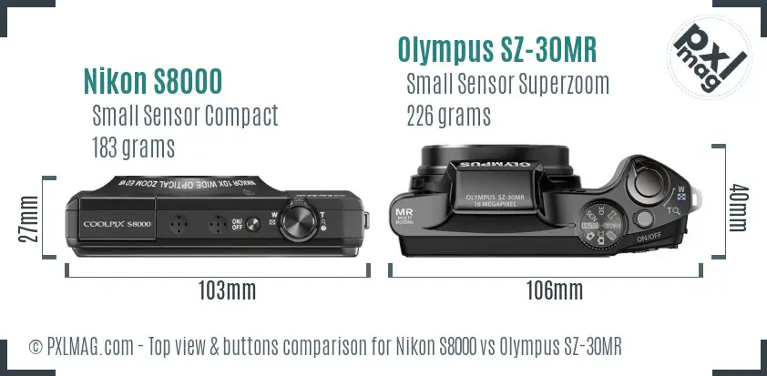 Nikon S8000 vs Olympus SZ-30MR top view buttons comparison