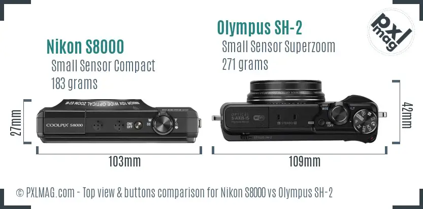 Nikon S8000 vs Olympus SH-2 top view buttons comparison