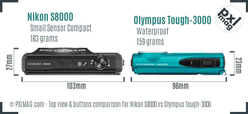 Nikon S8000 vs Olympus Tough-3000 top view buttons comparison