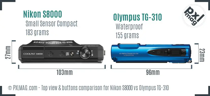 Nikon S8000 vs Olympus TG-310 top view buttons comparison Nikon S8000 vs Olympus TG-310 top view buttons comparison