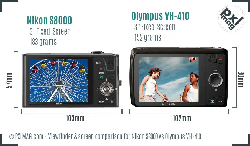 Nikon S8000 vs Olympus VH-410 Screen and Viewfinder comparison