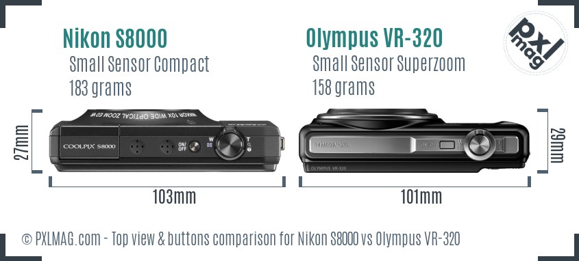Nikon S8000 vs Olympus VR-320 top view buttons comparison