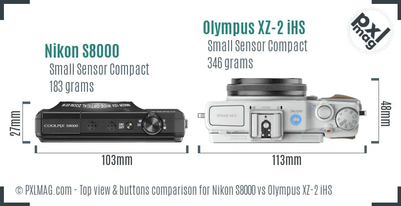 Nikon S8000 vs Olympus XZ-2 iHS top view buttons comparison