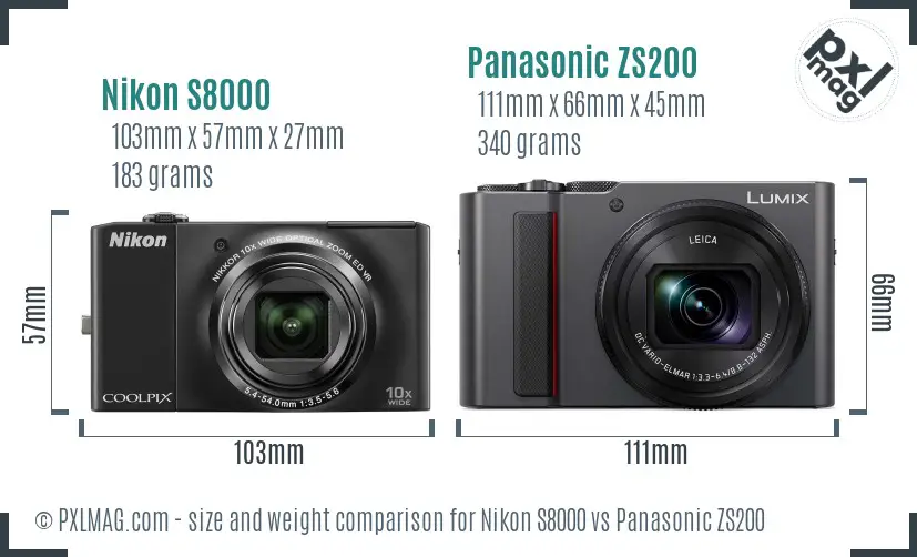 Nikon S8000 vs Panasonic ZS200 size comparison
