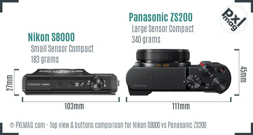Nikon S8000 vs Panasonic ZS200 top view buttons comparison