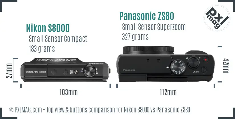 Nikon S8000 vs Panasonic ZS80 top view buttons comparison