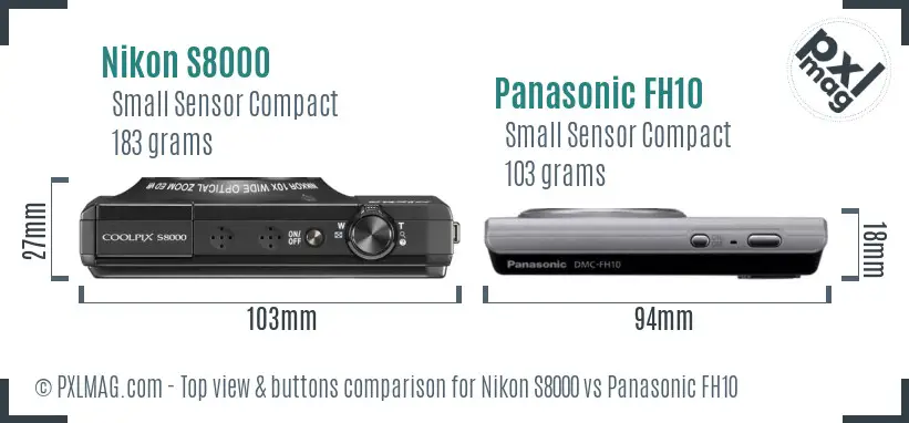 Nikon S8000 vs Panasonic FH10 top view buttons comparison Nikon S8000 vs Panasonic FH10 top view buttons comparison