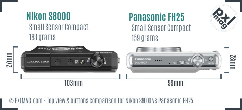 Nikon S8000 vs Panasonic FH25 top view buttons comparison