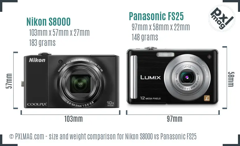 Nikon S8000 vs Panasonic FS25 size comparison