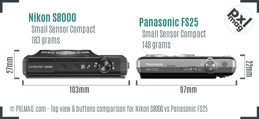 Nikon S8000 vs Panasonic FS25 top view buttons comparison