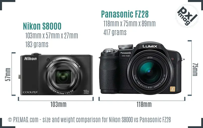 Nikon S8000 vs Panasonic FZ28 size comparison