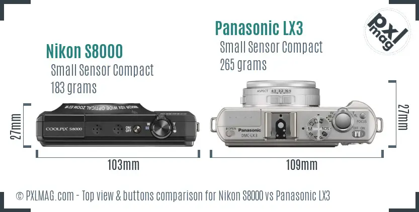 Nikon S8000 vs Panasonic LX3 top view buttons comparison