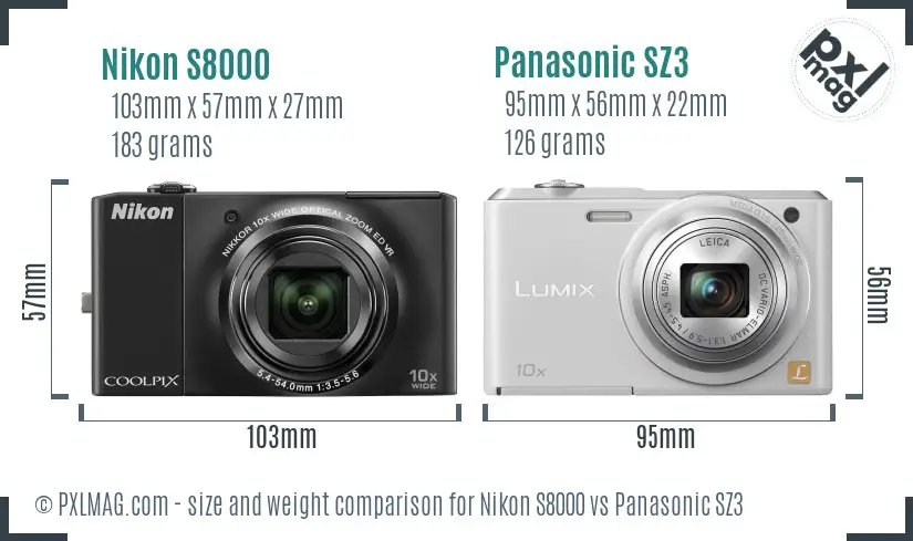 Nikon S8000 vs Panasonic SZ3 size comparison