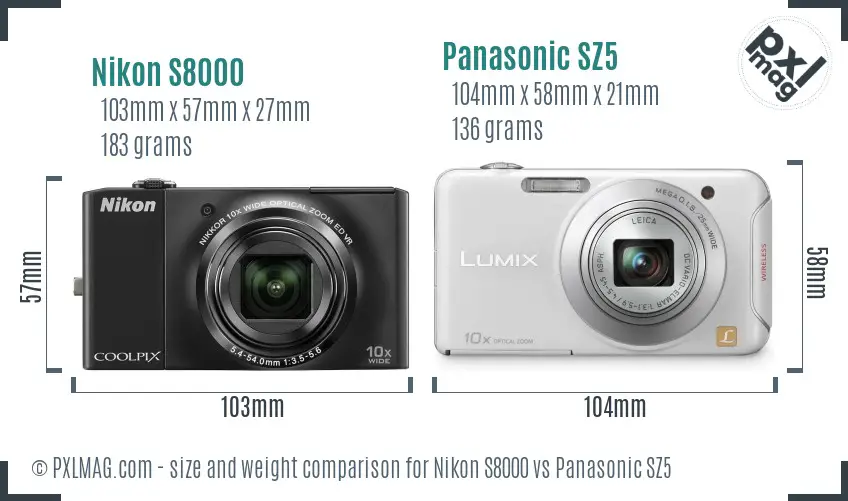 Nikon S8000 vs Panasonic SZ5 size comparison