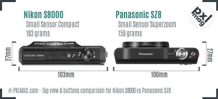 Nikon S8000 vs Panasonic SZ8 top view buttons comparison Nikon S8000 vs Panasonic SZ8 top view buttons comparison