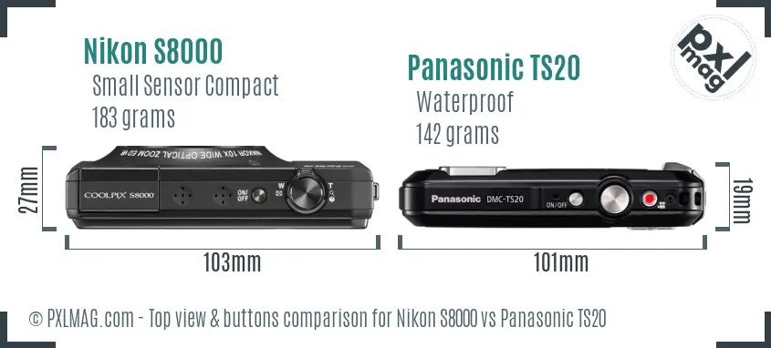 Nikon S8000 vs Panasonic TS20 top view buttons comparison