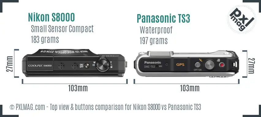 Nikon S8000 vs Panasonic TS3 top view buttons comparison
