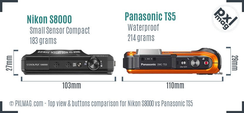 Nikon S8000 vs Panasonic TS5 top view buttons comparison