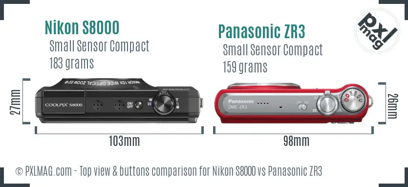 Nikon S8000 vs Panasonic ZR3 top view buttons comparison