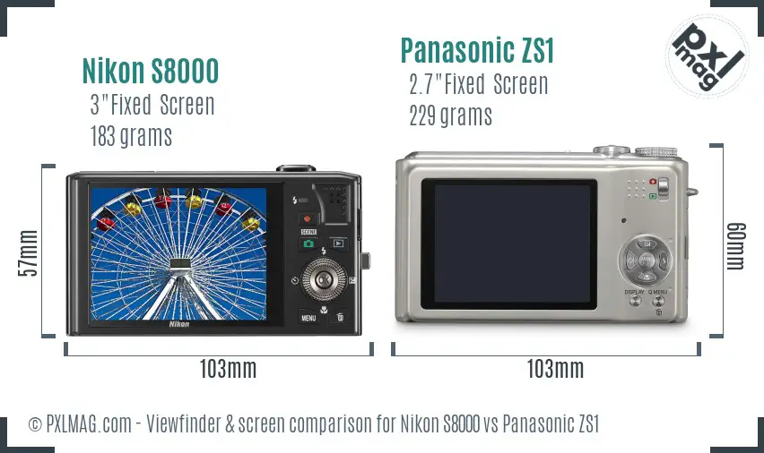 Nikon S8000 vs Panasonic ZS1 Screen and Viewfinder comparison