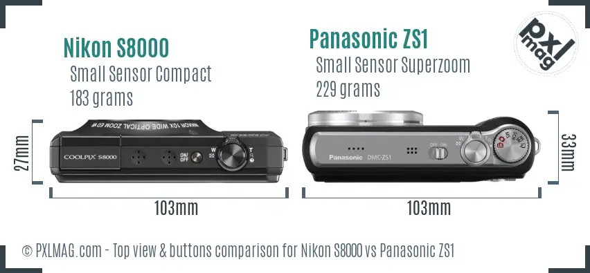 Nikon S8000 vs Panasonic ZS1 top view buttons comparison