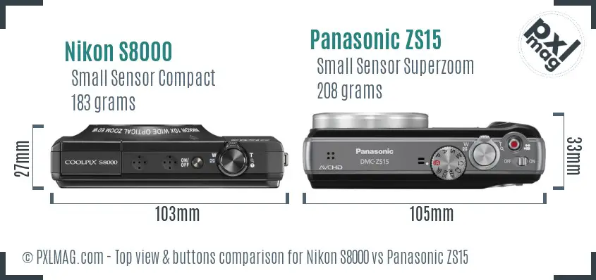 Nikon S8000 vs Panasonic ZS15 top view buttons comparison