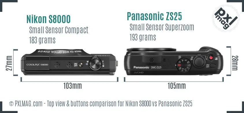 Nikon S8000 vs Panasonic ZS25 top view buttons comparison Nikon S8000 vs Panasonic ZS25 top view buttons comparison