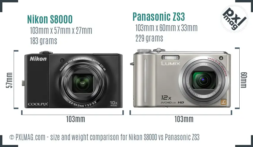 Nikon S8000 vs Panasonic ZS3 size comparison