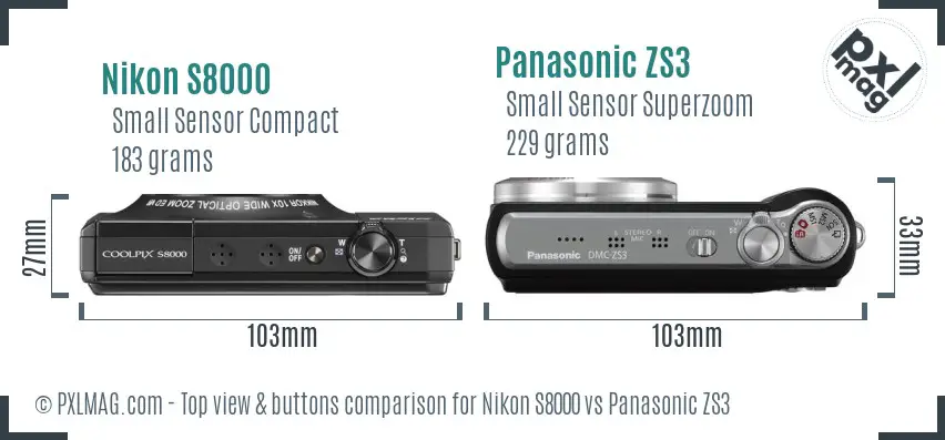 Nikon S8000 vs Panasonic ZS3 top view buttons comparison