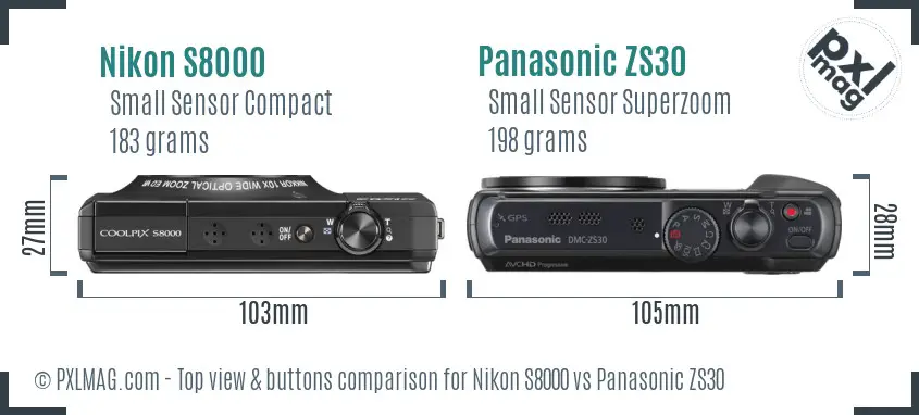 Nikon S8000 vs Panasonic ZS30 top view buttons comparison