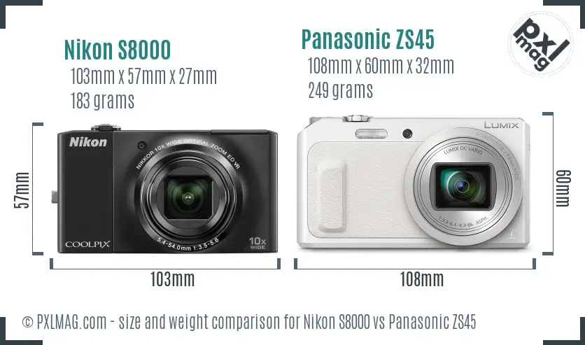 Nikon S8000 vs Panasonic ZS45 size comparison