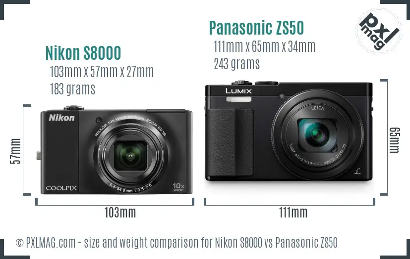 Nikon S8000 vs Panasonic ZS50 size comparison
