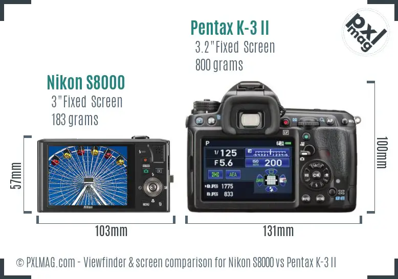Nikon S8000 vs Pentax K-3 II Screen and Viewfinder comparison